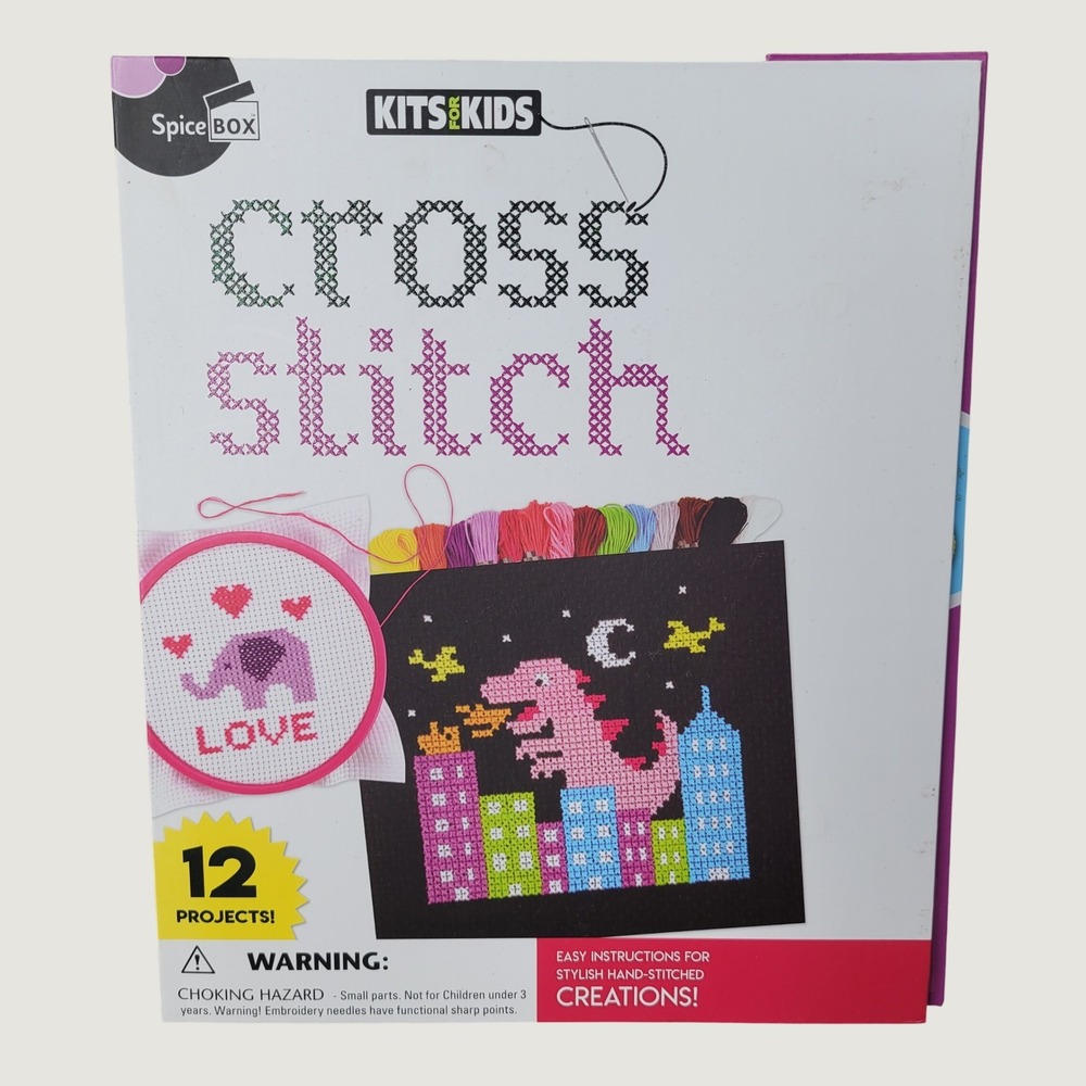 SpiceBox Kits for Kids Cross Stitch Set 12 Projects Emoji Pin Buttons 1315624